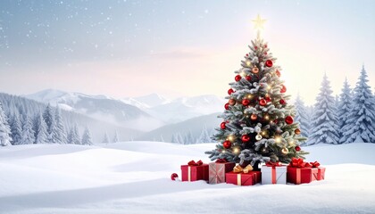 Christmas tree with gifts in snow, winter landscape