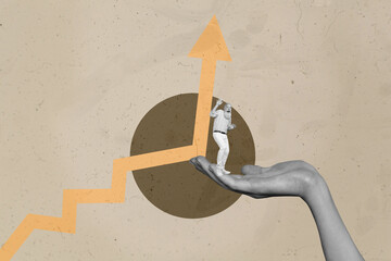 Collage with person observing rising arrow symbolizing startup growth business income statistics...