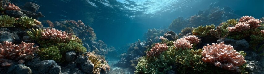 Obraz premium Underwater coral reef ecosystem hdri panoramic view ocean environment equirectangular