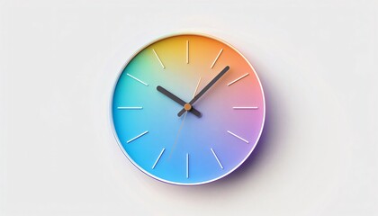 Modern wall clock with rainbow gradient face on white background, creative colorful design concept symbolizing time, lifestyle, punctuality and contemporary art
