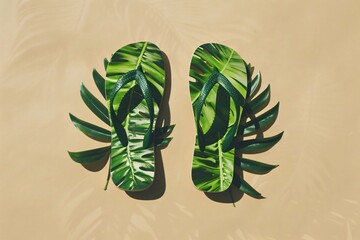Summer flip flops with tropical green leaf pattern placed on sandy background, creative flat lay design showing holiday, travel and beach vacation concept