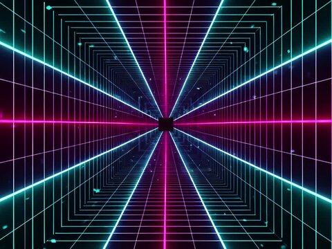 Futuristic neon tunnel loop animation with glowing lights and cyberpunk vibe. Perfect for VJ loops, motion graphics, music visuals, and digital backgrounds.