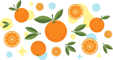 Bright and Playful Digital Illustration of Vibrant Citrus Fruits with Green Leaves on Black