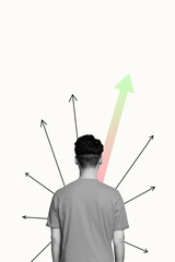 Pop image sketch 3d collage poster of anonym businessman stand back arrow development statistics...