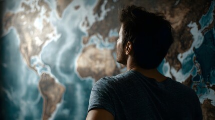 Obraz premium A man seen from behind looks thoughtfully at a detailed world map on a wall contemplating future travel and global explo n