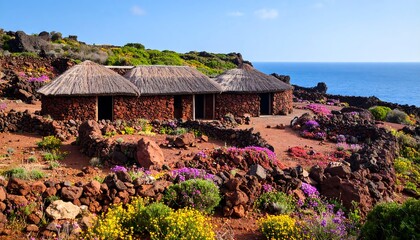 Coastal village of traditional thatched huts