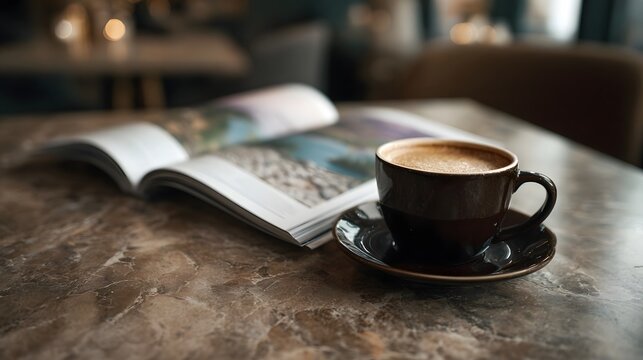 A warm cup of coffee and an open magazine rest on a textured marble table suggesting a moment of leisure and relaxation