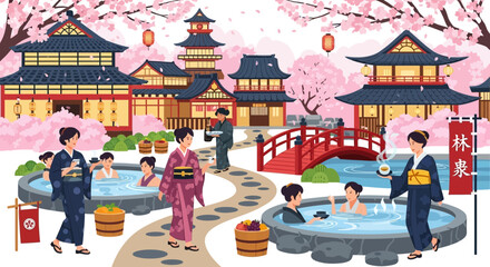 Naklejka premium Traditional Japanese Hot Spring Scene with Cherry Blossom Trees and Elegant Architecture
