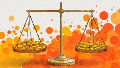 Balancing act of finance and wealth, a scale weighs piles of golden coins against a vibrant, abstract backdrop