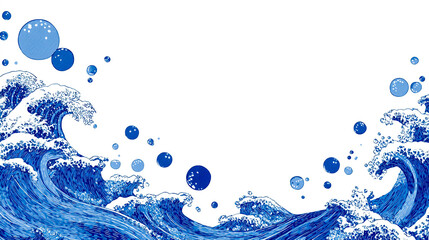 Blue and white background, vector illustration of ocean waves with bubbles on the sides