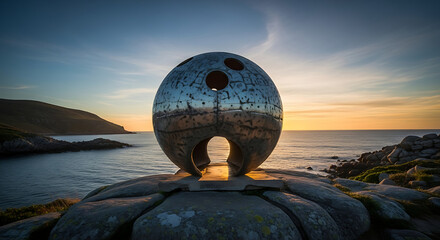 Glistening chrome sphere sculpture on a rugged coastline during a spectacular golden hour sunset