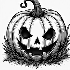 Spooky Halloween Pumpkin: A meticulously detailed illustration presents a grinning jack-o'-lantern with a sinister face, exuding the essence of Halloween mischief and spookiness.