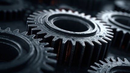 Intricate metal gears meshing together, symbolizing industry, precision, and complex mechanical systems in a professional, modern setting