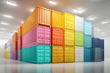 Fototapeta premium A vibrant stack of multicolored cargo containers in a warehouse, showcasing logistics and global trade with different bright colors under bright fluorescent lights.