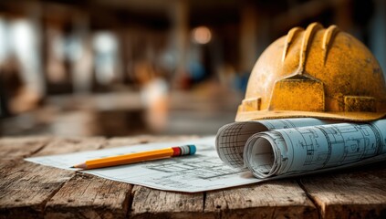 Essential construction blueprints and yellow hard hat on weathered wood table, symbolizing planning and safety for your next project.