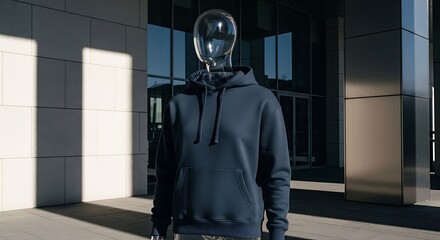 Person with a transparent head wearing a hoodie in an urban setting.