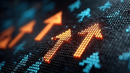 Dynamic financial growth visualized with vibrant orange arrows ascending against a dark, data-rich background.