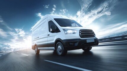 A modern white delivery van speeding down a highway with a vibrant blue sky, creating a dynamic image suitable for transportation and logistics companies promotion.