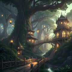 An enchanting elven city built within colossal trees, glowing lanterns illuminating bridges, walkways,