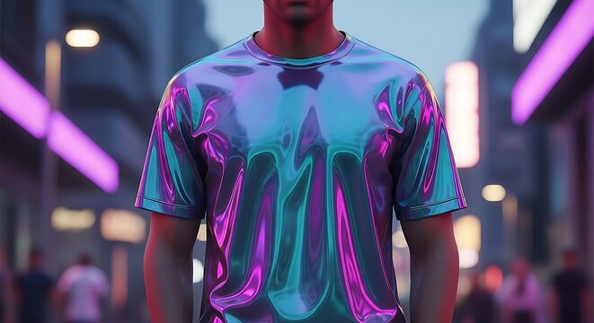 A man wearing a futuristic iridescent metallic t-shirt stands in a neon-lit city street at night.