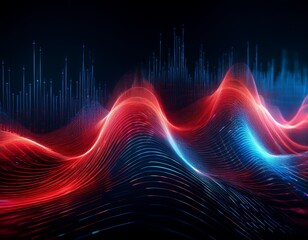 abstract red and blue digital waveform with a glitch texture and overlay effect on a dark background representing a futuristic data signal