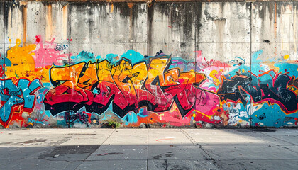 鮮やかなタグが重なり合うコンクリート壁のグラフィティ背景 – Grunge Concrete Wall with Layered Graffiti Tags and Vibrant Colors