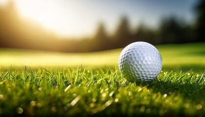 photo of a golf ball on the green grass ready for play in an outdoor sporting event web banner with copy space on the right wide background