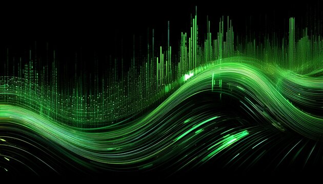 abstract futuristic green data stream with a dynamic digital glitch texture and overlay effect isolated on a black background