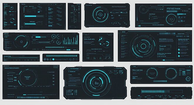 Futuristic digital interface panels for technology and data visualization