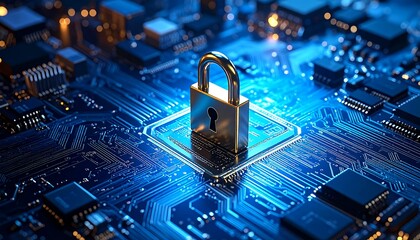 A glowing lock sits on a computer circuit board, emphasizing digital protection and security. The scene is close-up and bathed in blue light