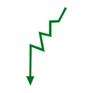 Green downward jagged arrow symbol indicating decline