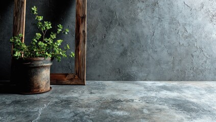 An aged, rustic planter with a vibrant plant sits beside a wooden frame against a textured concrete wall, creating a peaceful and minimalist ambiance.