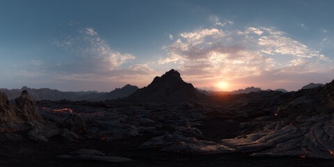 Naklejka premium Volcanic landscape at sunset equirectangular hdri panoramic environment