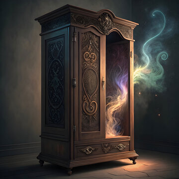 An enchanted almari filled with swirling magical mist, glowing softly, radiating mystery