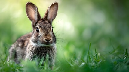 Fototapeta premium A fluffy rabbit sits attentively amidst vibrant green grass bathed in soft daylight