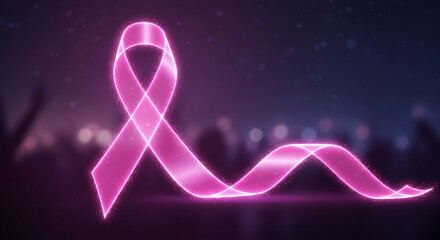 Glowing pink ribbon symbolizing breast cancer awareness and hope against a blurred background of a city at night