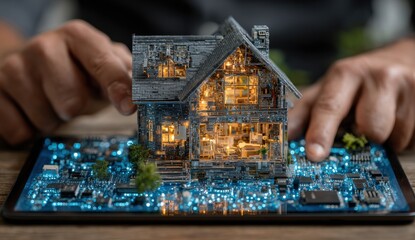 Intelligent smart home concept emerges from glowing circuit board, representing futuristic technology and innovation