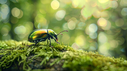 Iridescent beetle crawling on moss-covered branch in a lush green forest glade