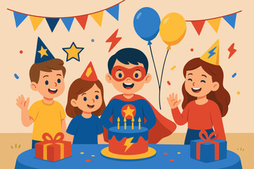 "Birthday party illustration with kids, superhero costume, cake, and balloons."