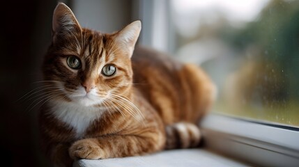 An orange tabby cat with green eyes rests peacefully on a ill looking curiously forward