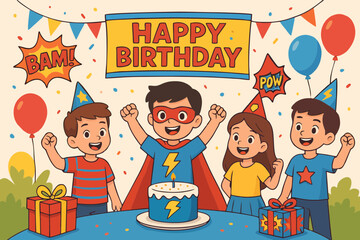 "Birthday party illustration with kids in superhero costume, birthday cake, and festive decorations."