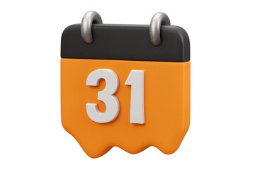 Stylized cartoonish 3d calendar rendering showing day 31 isolated on transparent background