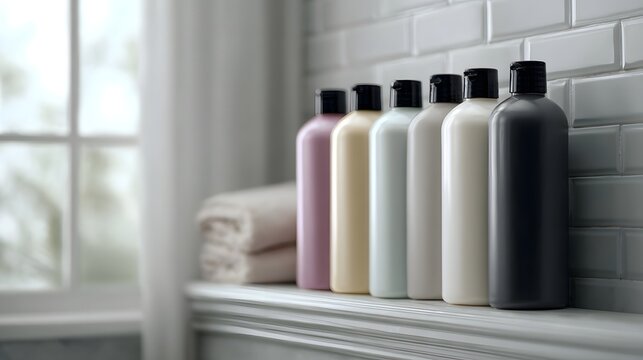 A row of colorful cosmetic bottles is neatly arranged on a shelf next to folded towels in a clean brightly lit bathroom setting