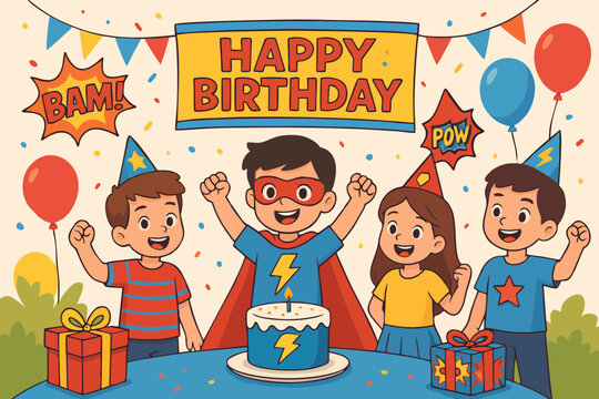 "Birthday party illustration with kids in superhero costume, birthday cake, and festive decorations."