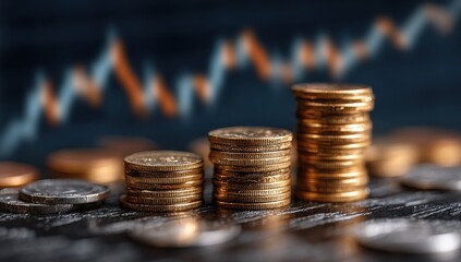 Golden coins stacked high against a blurred financial graph, symbolizing wealth growth and investment success in a dynamic economy.