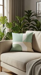 A modern geometric cushion on a beige sofa surrounded by lush green houseplants in a sunlit living room.
