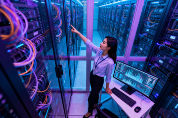 Female technician monitoring server racks in a data center with illuminated cables and computer display