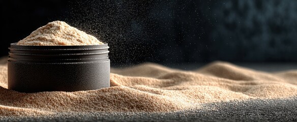 Luxurious cosmetic powder spills from an elegant dark jar, creating a sophisticated beauty or wellness scene, perfect for product launches and advertising.