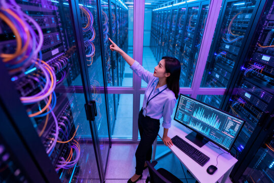 Female technician monitoring server racks in a data center with illuminated cables and computer display