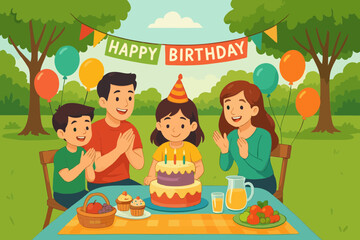 Birthday celebration outdoors with children, cake, balloons, and happy birthday banner.